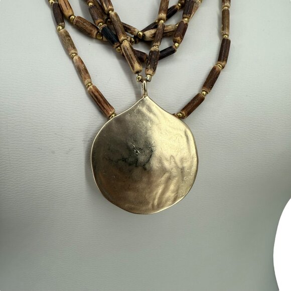 J. Jill Layered Beaded Necklace Hammered Gold Tone Pendant Cord Adjustable - Picture 5 of 15